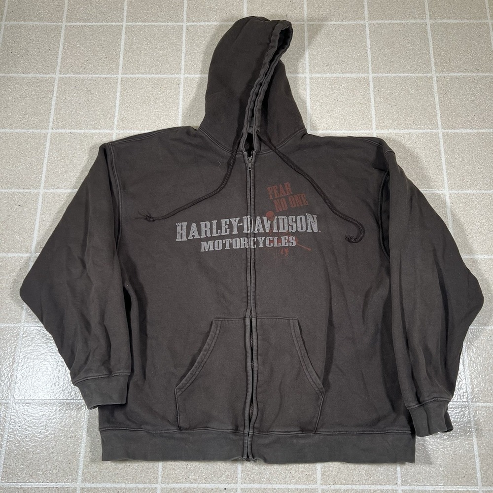 Vintage Harley Davidson Fear No One Full Zip Hoodie Sz 2XL Made In USA Y2K Biker
